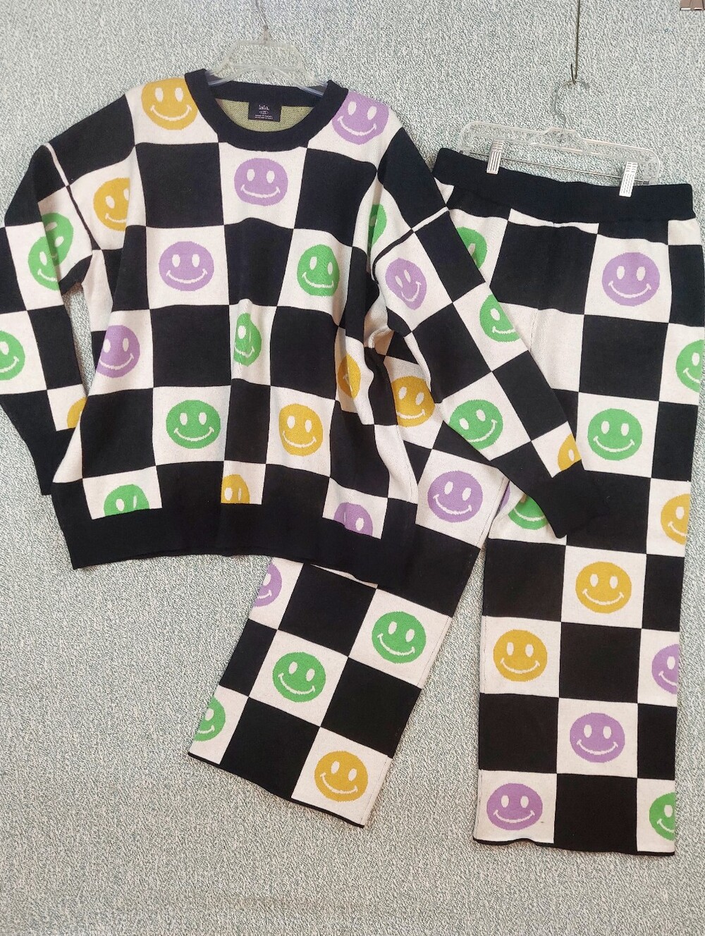 Dressed in LALA Knit Pant Set With Checkered Smiley Face Print, Womems L/XL